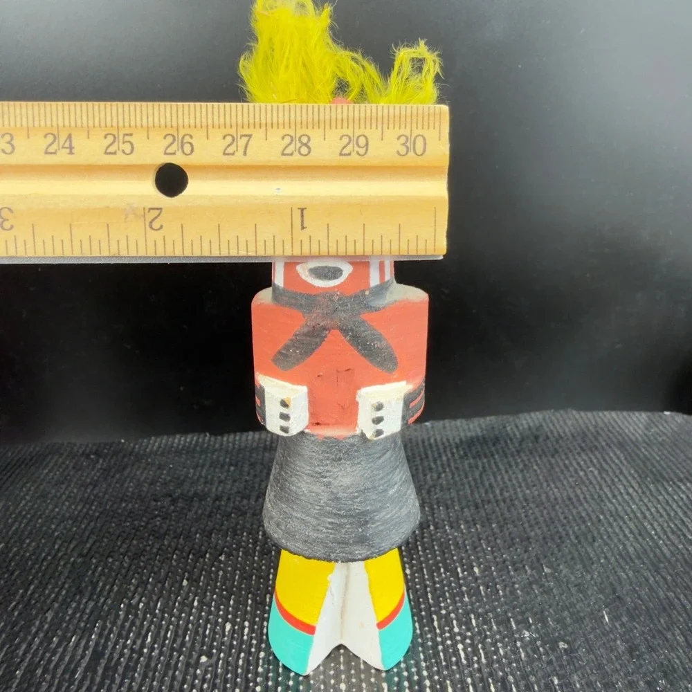 Vintage Hand Painted Wooden Mudhead Kachina Doll Yellow Feathers Folk Art Signed